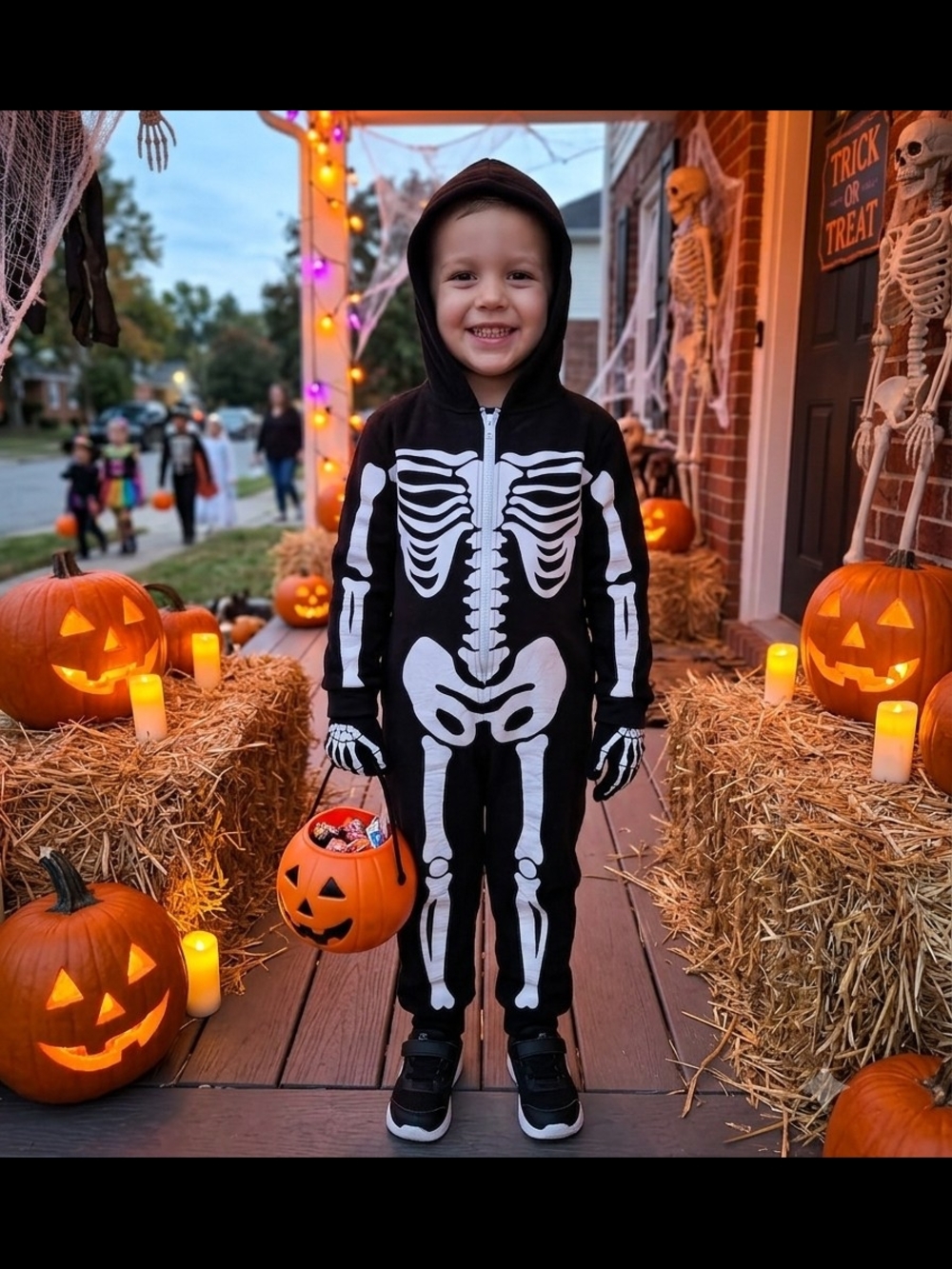 Kids Black Skeleton Jumpsuit Costume with White Bones